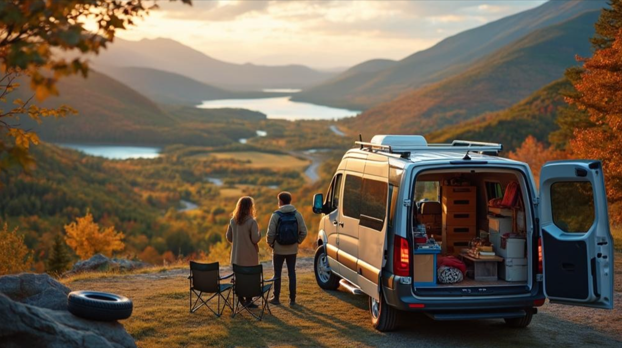 Vibrant campsite by lake.