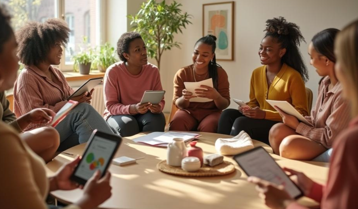 Diverse women discussing menstruation