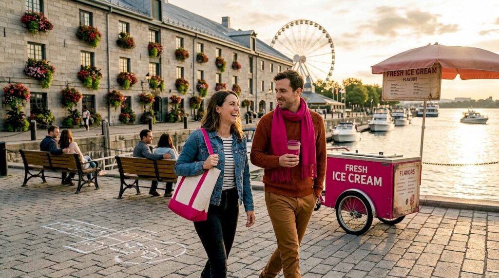 Two friends walking Old Port promenade