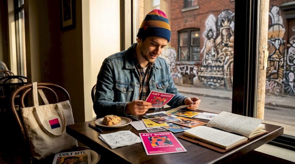 Man reviewing art flyers in Montreal café