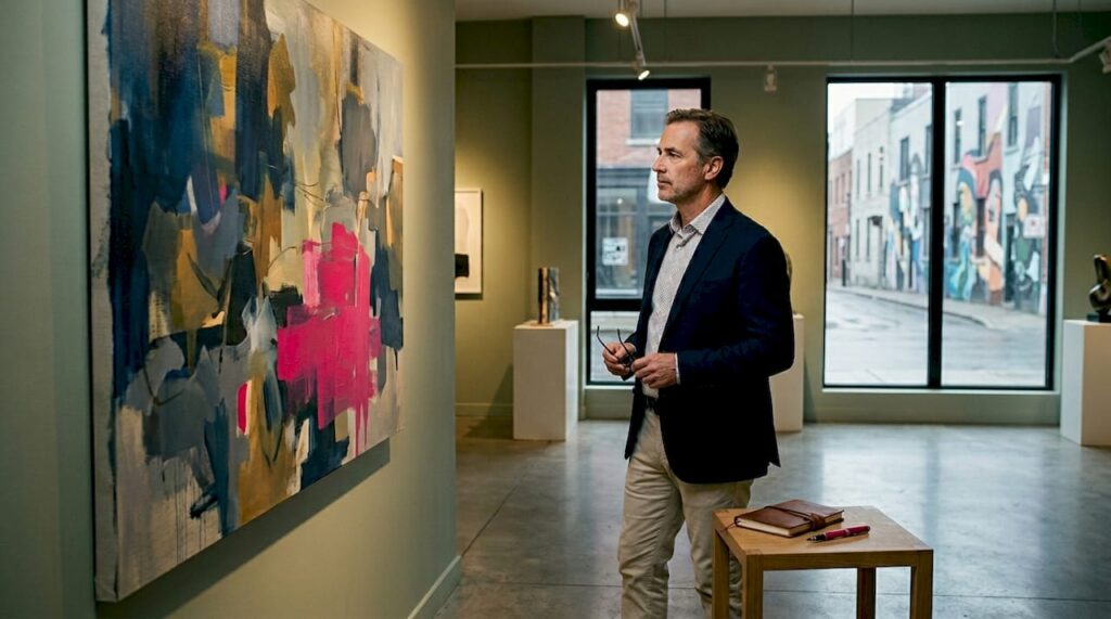 Collector viewing art in Montreal gallery