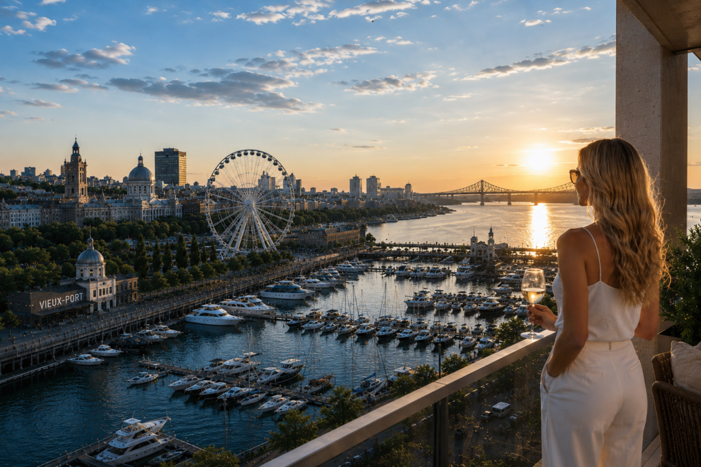 Luxury condo terrace overlooking the river and Montreal skyline