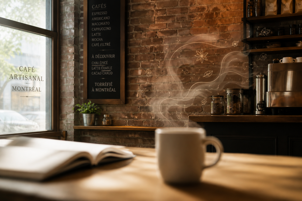 Cozy café scene with menu, coffee cup, and book. Decaf Coffee