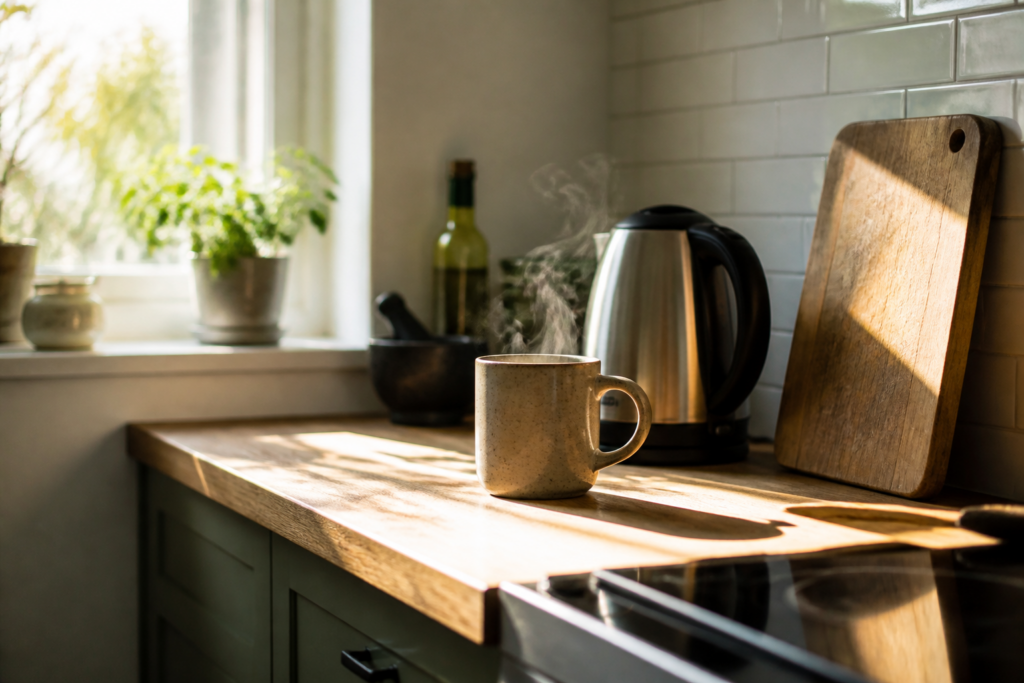 Cozy kitchen morning with steaming coffee and plants