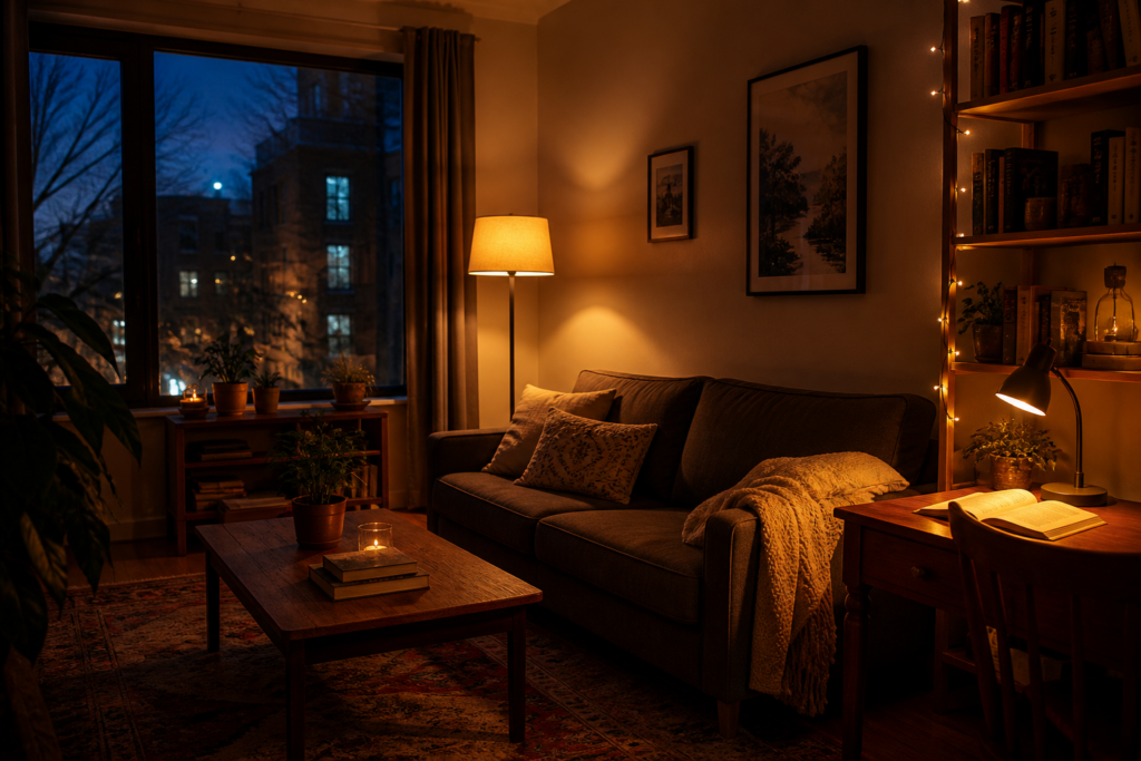 https://bestkeptmontreal.com/7-easiest-vegetables-to-grow-in-containers/ Cozy living room with warm lighting and soft furnishings. How to make an apartmnent feel cozy.