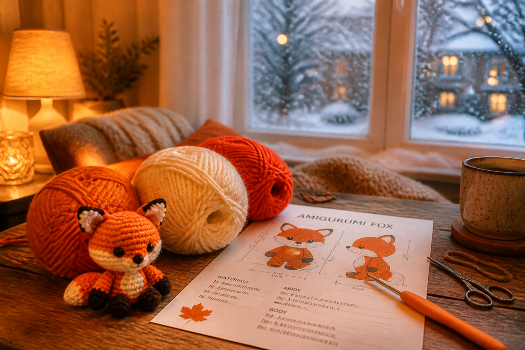 Cozy scene with amigurumi fox crochet project