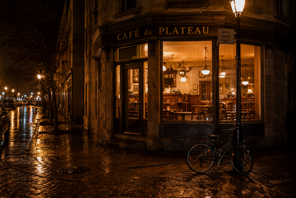 Dimly lit café corner with bicycle on wet street. Montreal decaf coffee.