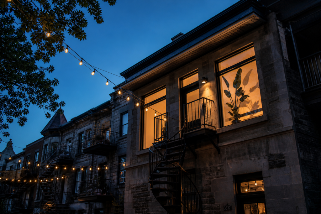Evening urban scene with string lights and cozy apartment - Montreal Styles