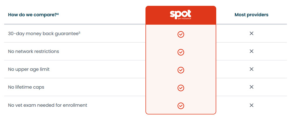Spot pet insurance feature comparison chart vs other providers