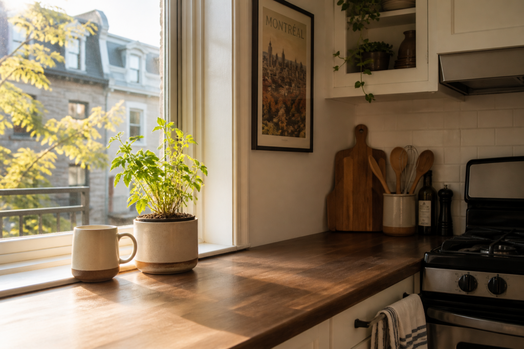 Sunlit kitchen counter with plants and cookware - Decaf coffee Montreal.