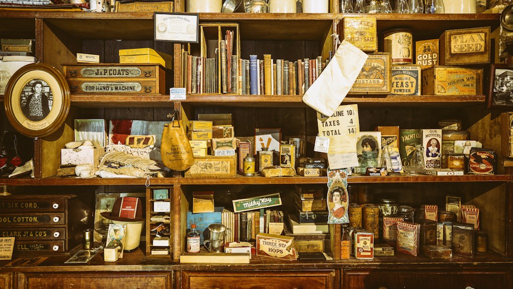 Montreal antiques guide: illustrative vintage objects and antiques on shop shelves