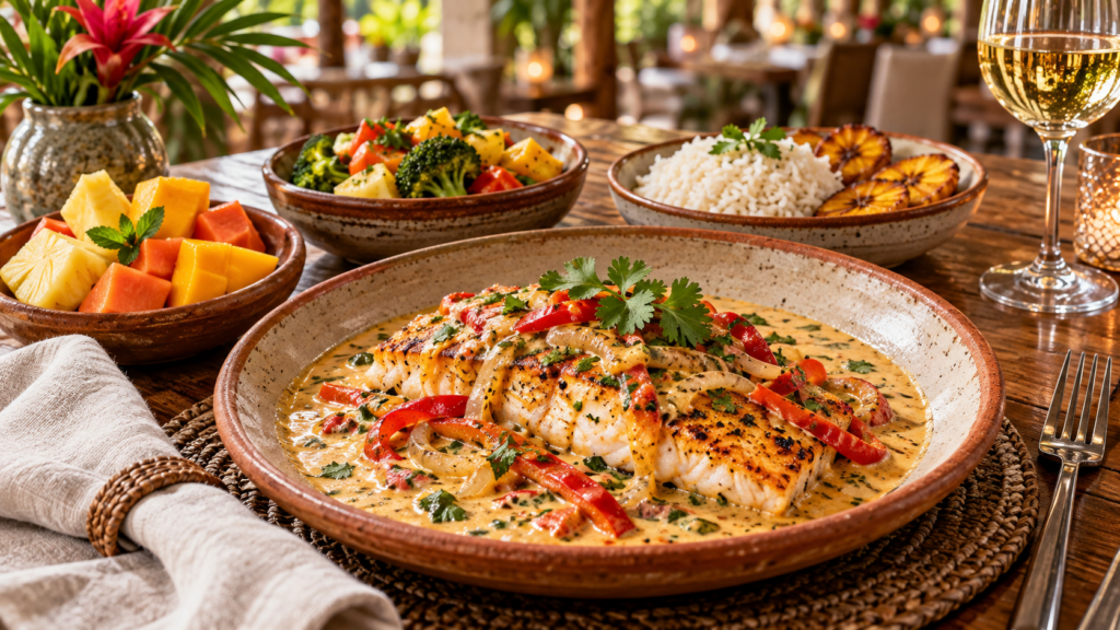 Dominican Republic fish in coconut sauce with tropical fruit, vegetables, rice and plantains — AI-generated illustration