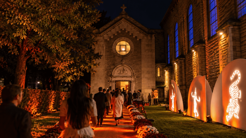 Illuminated exterior entrance with RBC and Let's Bond projections welcoming guests.
