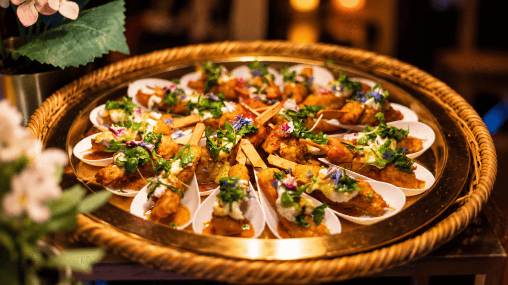 Gourmet hors d'oeuvres beautifully presented on serving spoons.