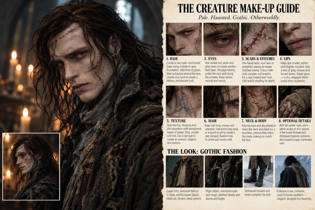 he-Creature-Gothic-Makeup-Guide. Frankenstein. Make up halloween looks 2026.